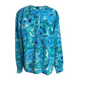 Vtg Worthington Blouse Size 14 Blue Green Floral Roses Grandma Core Secretary
